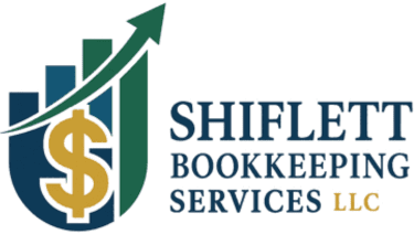 Logo for Shiflett Bookkeeping Services LLC featuring a bar graph, upward arrow, and a large dollar sign.